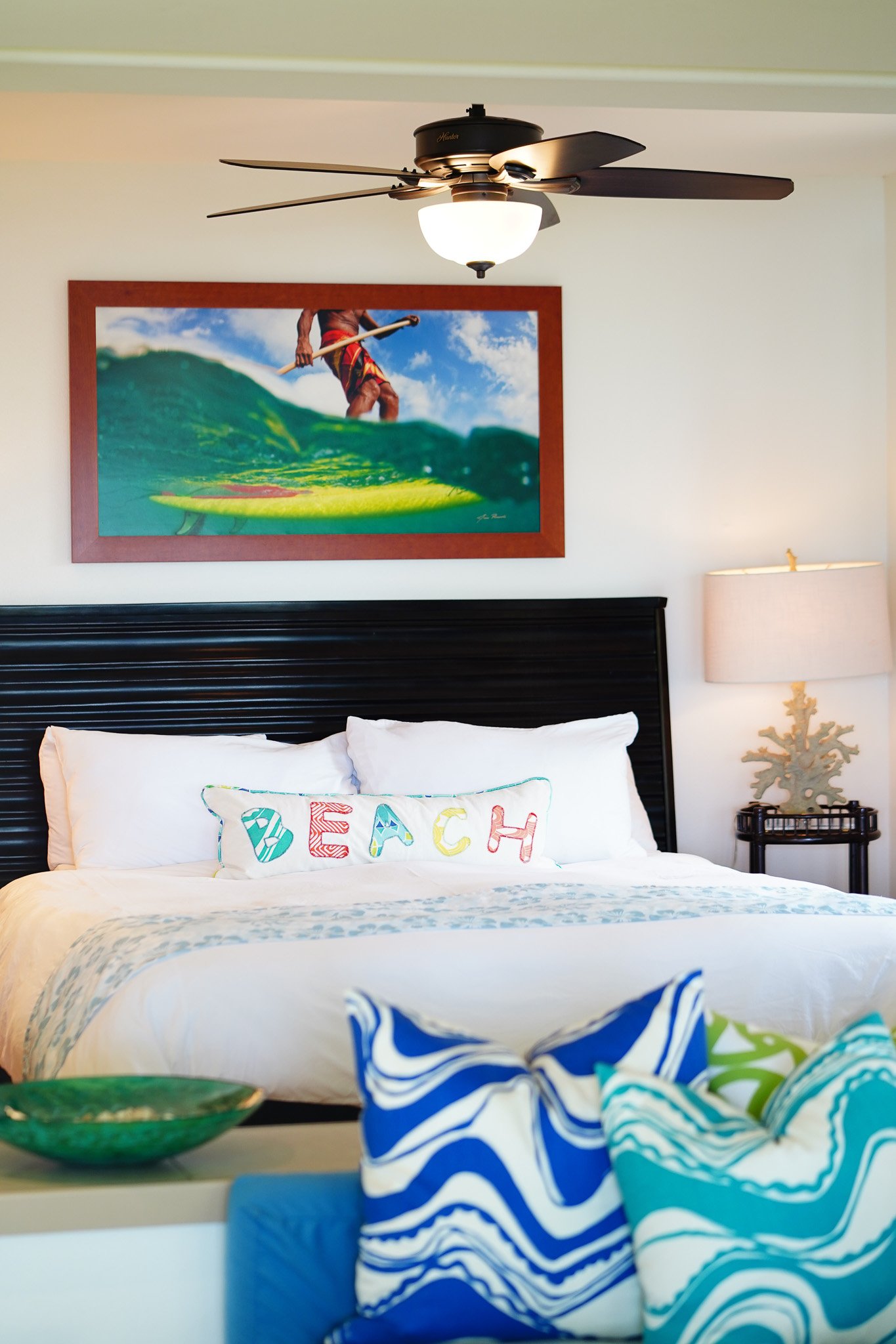 Beach-themed bedding detail at Hale Wa'a