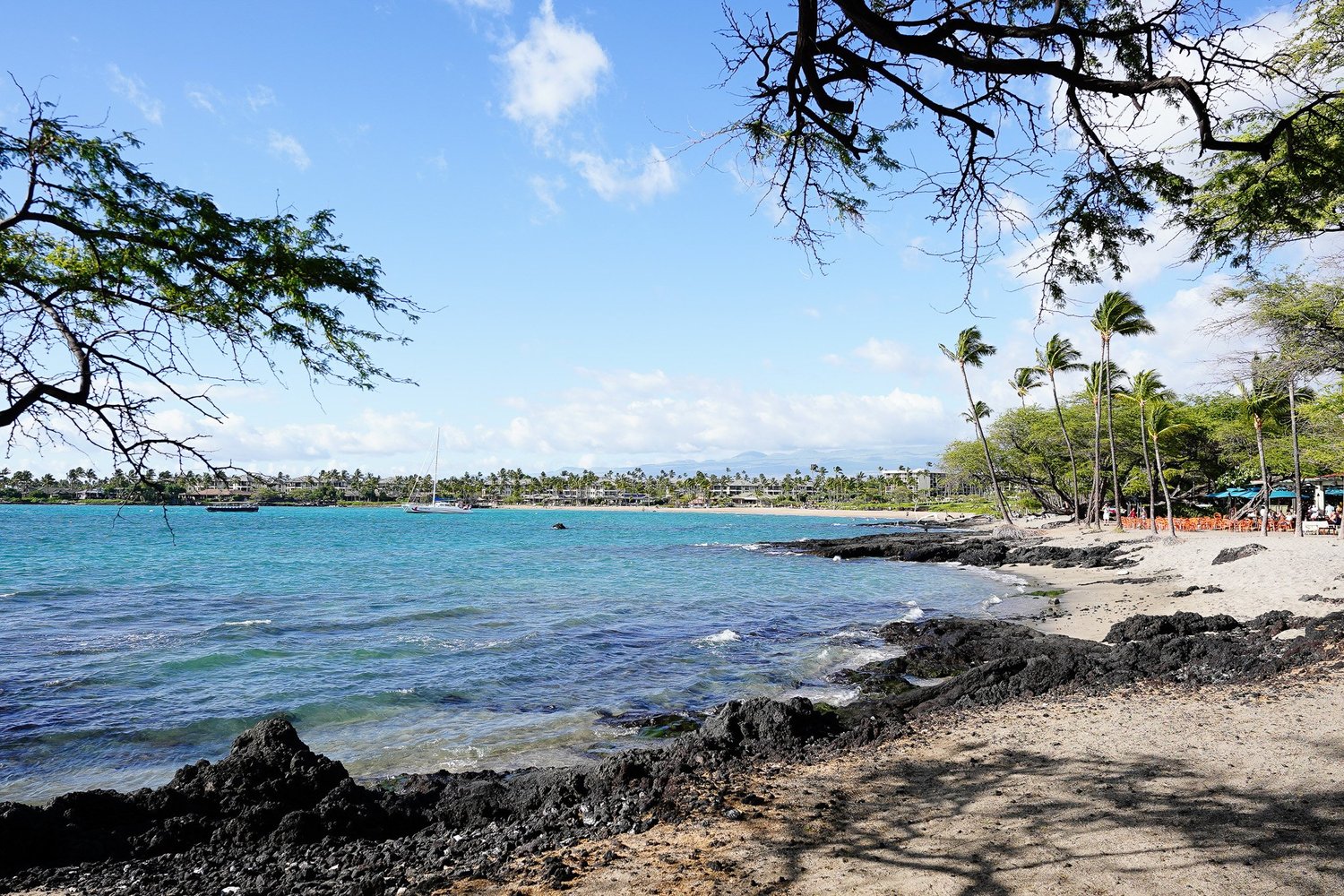 The shady beach in front of Hale Wa'a